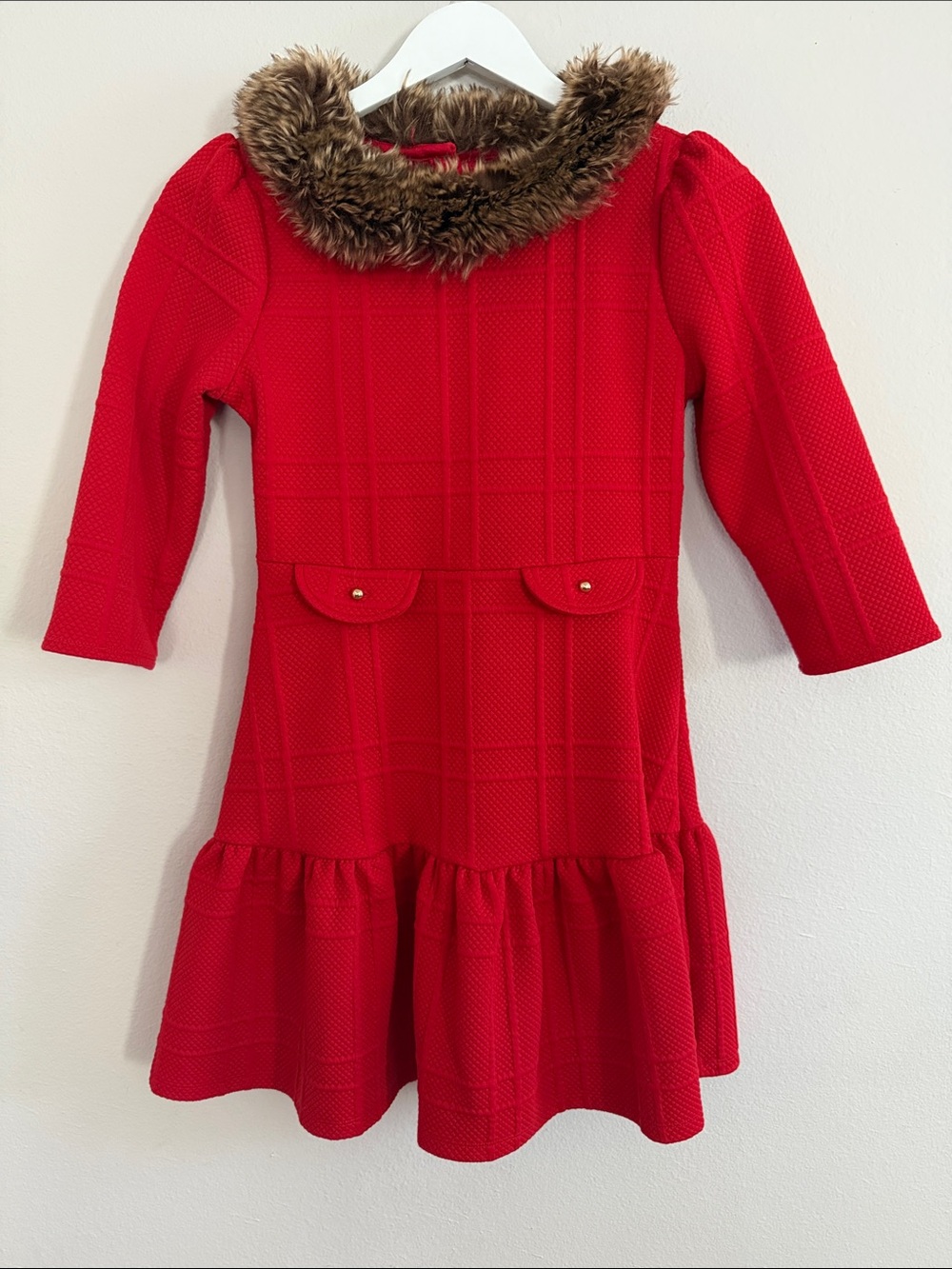 Janie and Jack Red Textured Dress with Faux-Fur Collar - [LE0126]